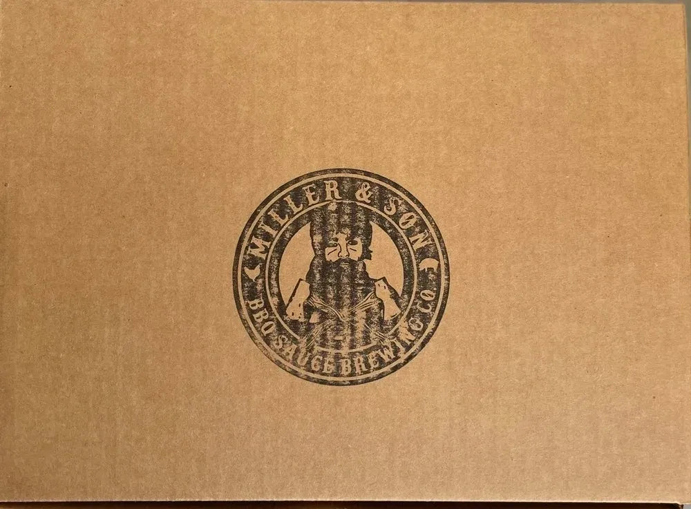 A square kraft paper box or package with a dark brown circular stamp logo in the center reading 'Miller & Son' and 'Brewing Co.'.